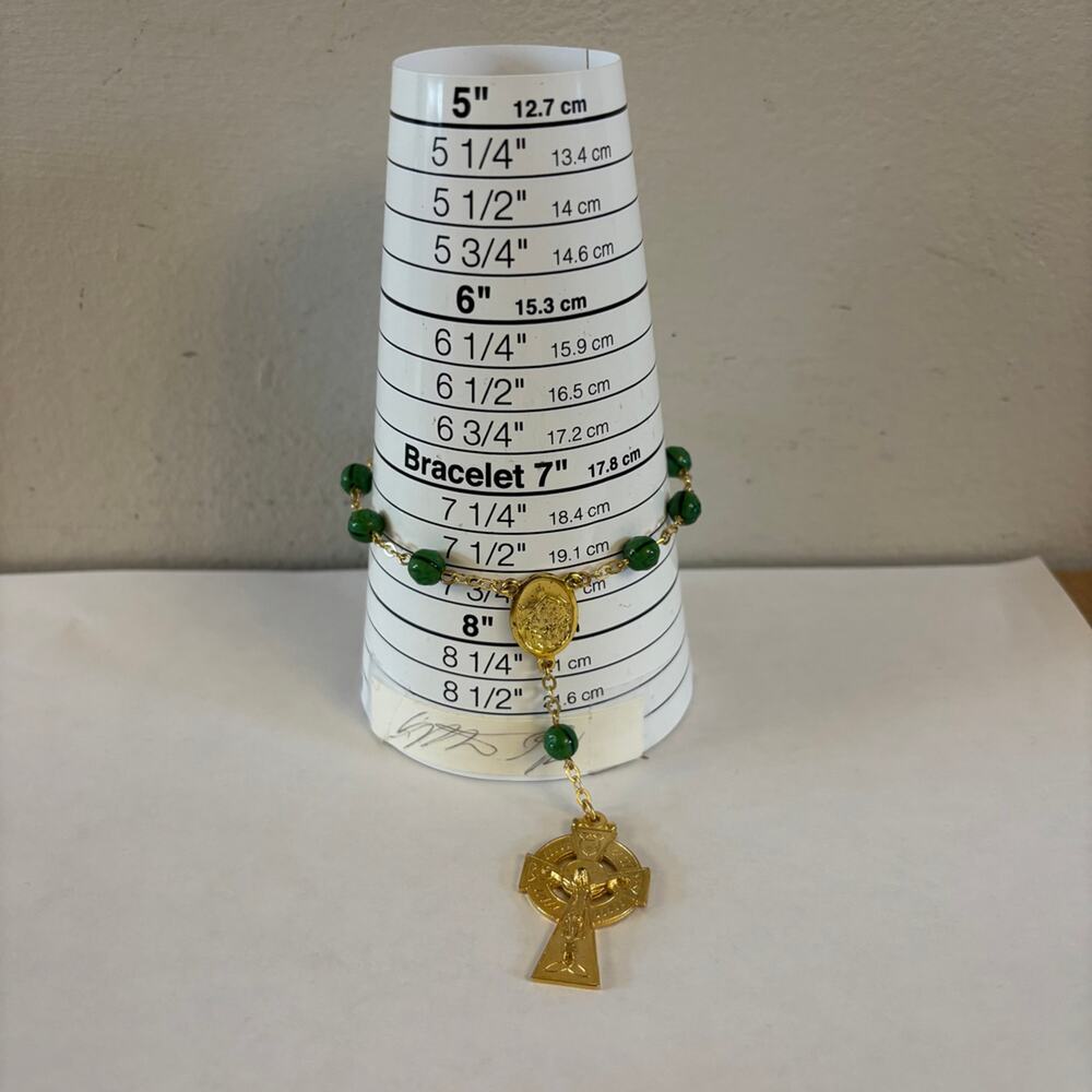 Gold-Tone Green Bead Rosary Style Catholic Bracelet